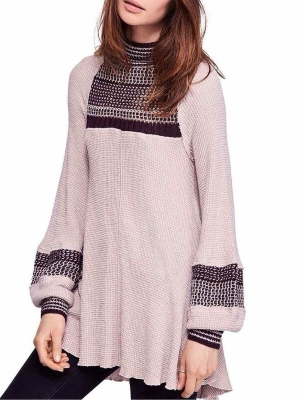 Free People Snowy Day Waffle Knit Tunic in Pink and Purple-Size Small